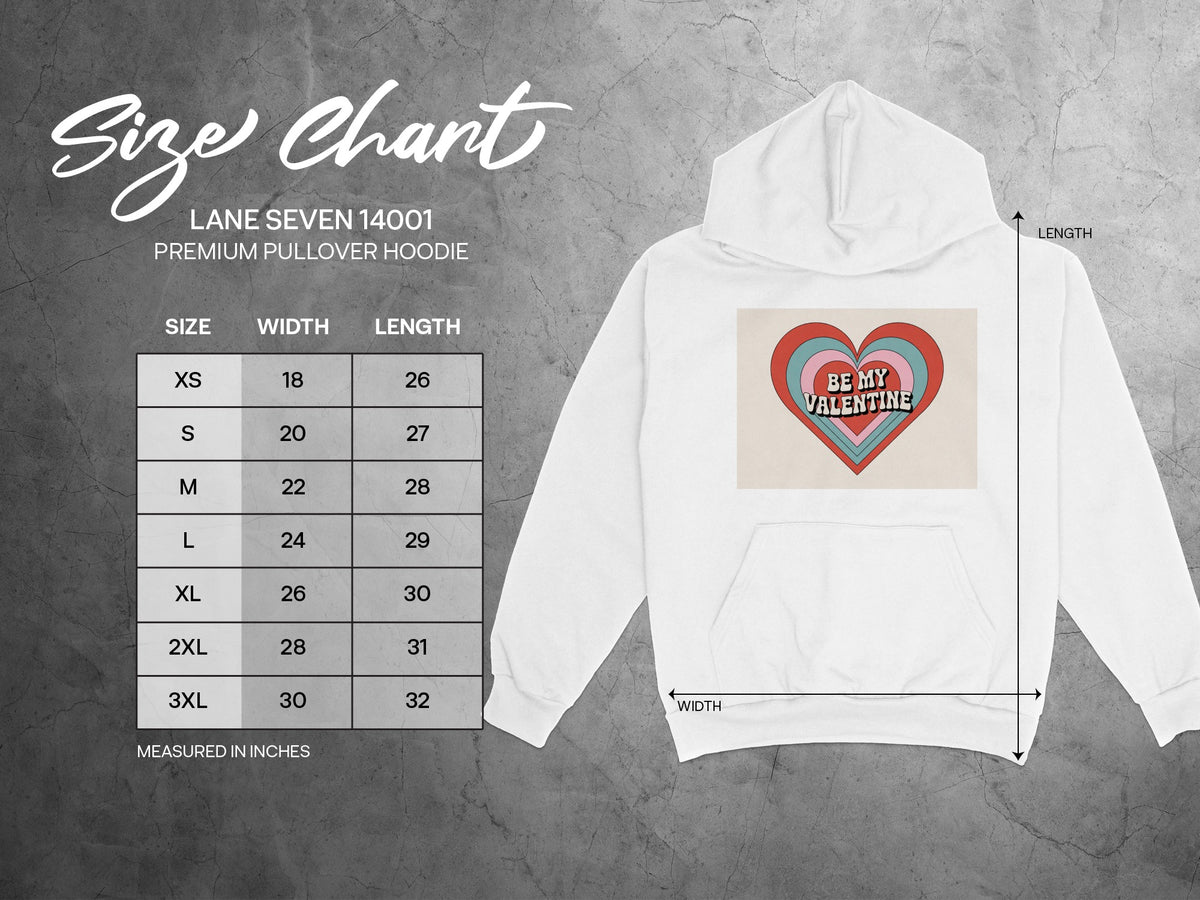 Lane Seven 14001 premium pullover hoodie size chart with measurements.