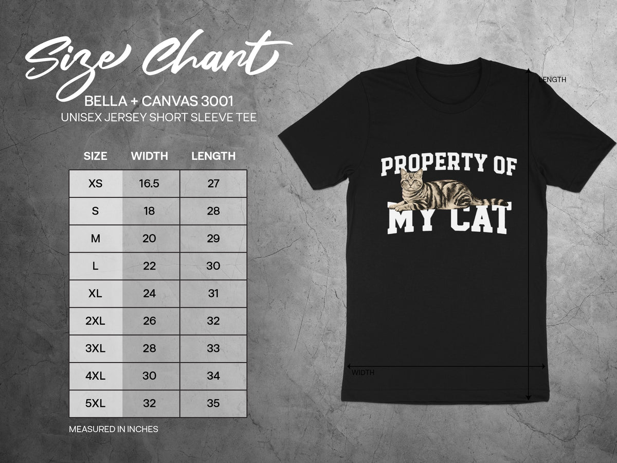 Size chart for Bella + Canvas 3001 unisex t-shirt with "Property of My Cat" graphic.