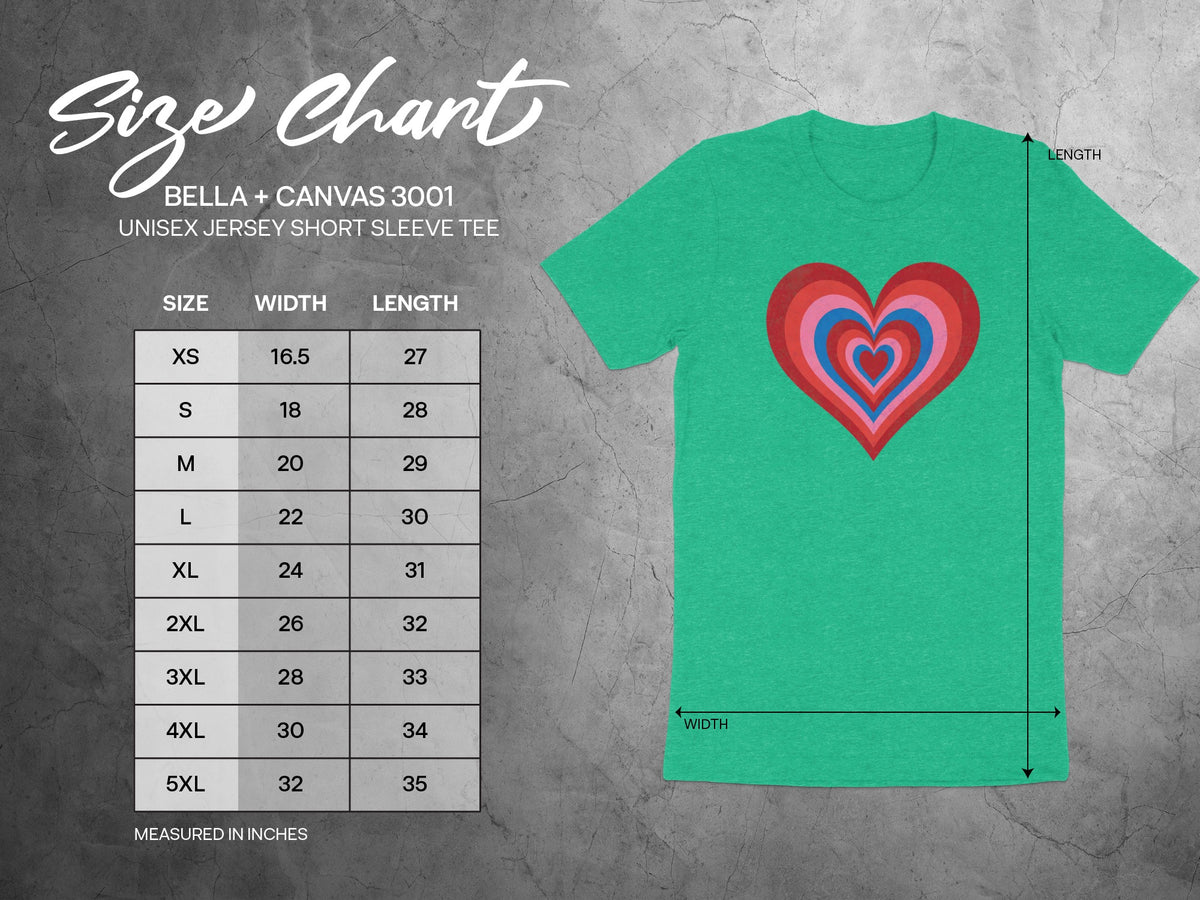 Bella + Canvas 3001 size chart with heart graphic on green tee.