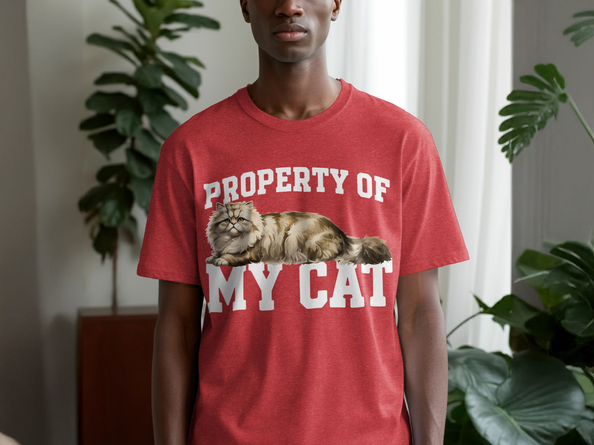 Red t-shirt with "PROPERTY OF MY CAT" and a fluffy cat graphic.