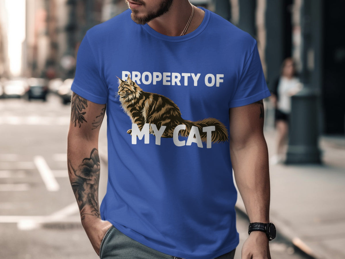 Blue t-shirt with "Property Of My Cat" text and a Maine Coon cat graphic.