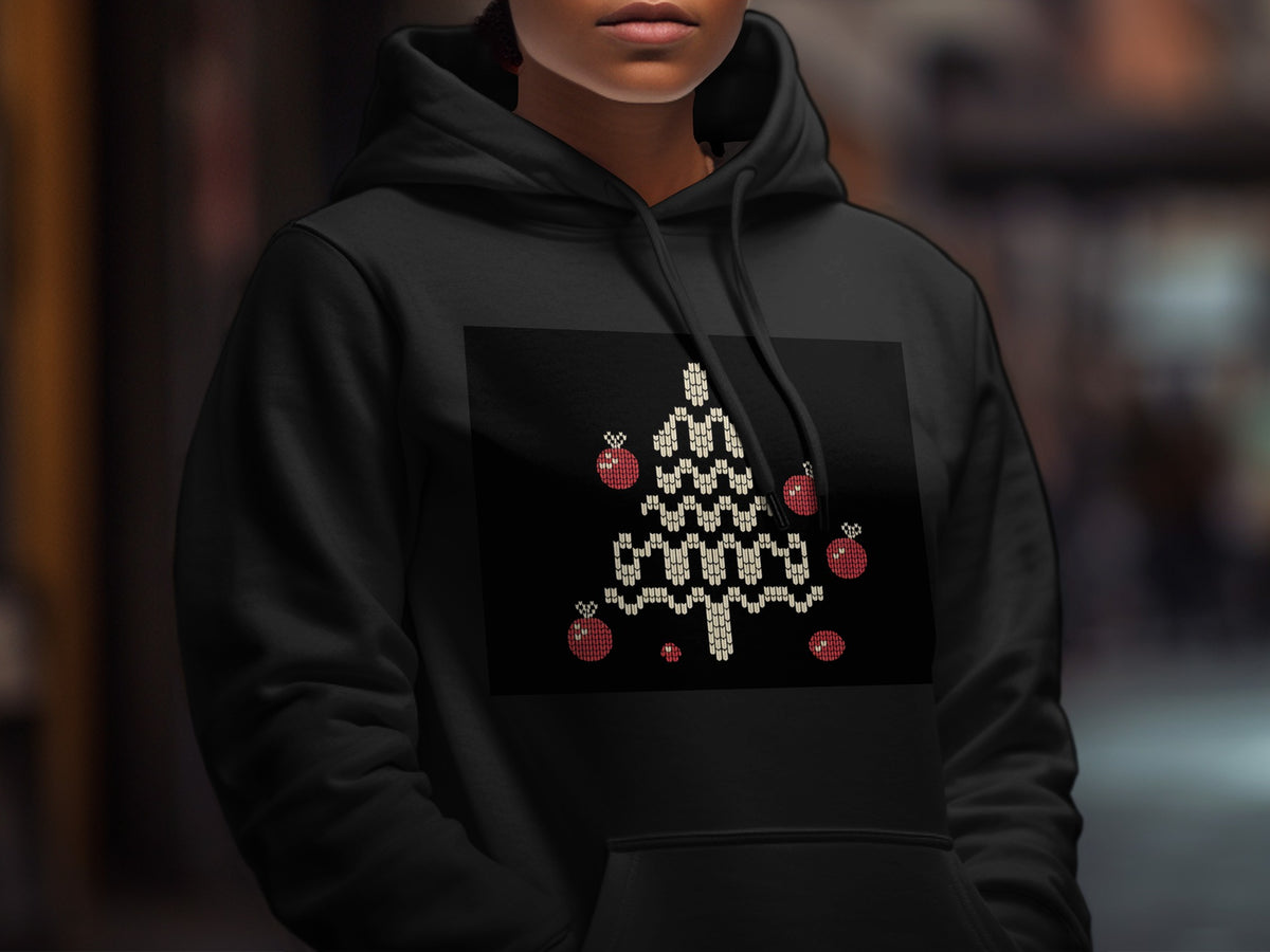 Black hoodie with a pixelated Christmas tree and red ornaments design on the chest.