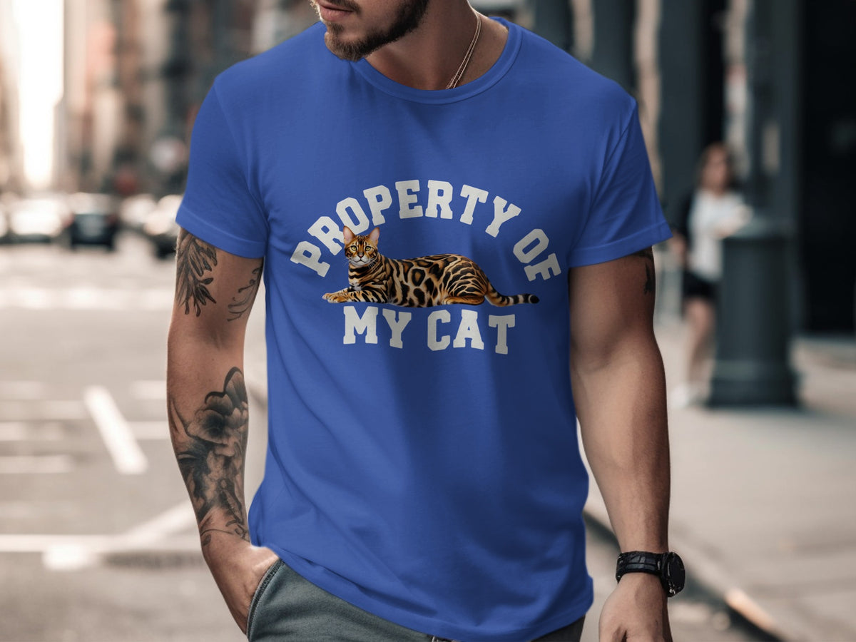 Blue t-shirt with "Property of My Cat" text and a Bengal cat graphic.