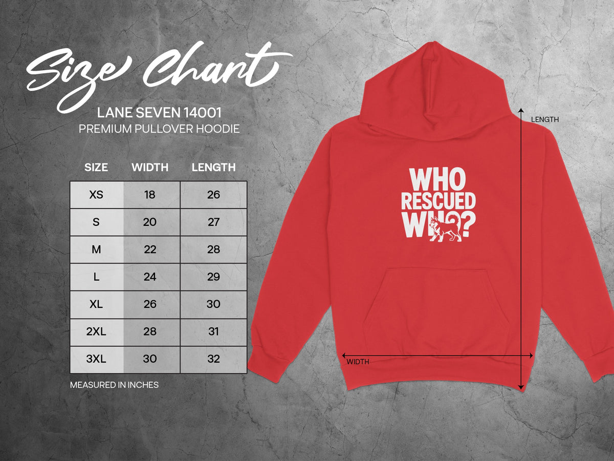 Lane Seven 14001 premium pullover hoodie size chart with width and length measurements.