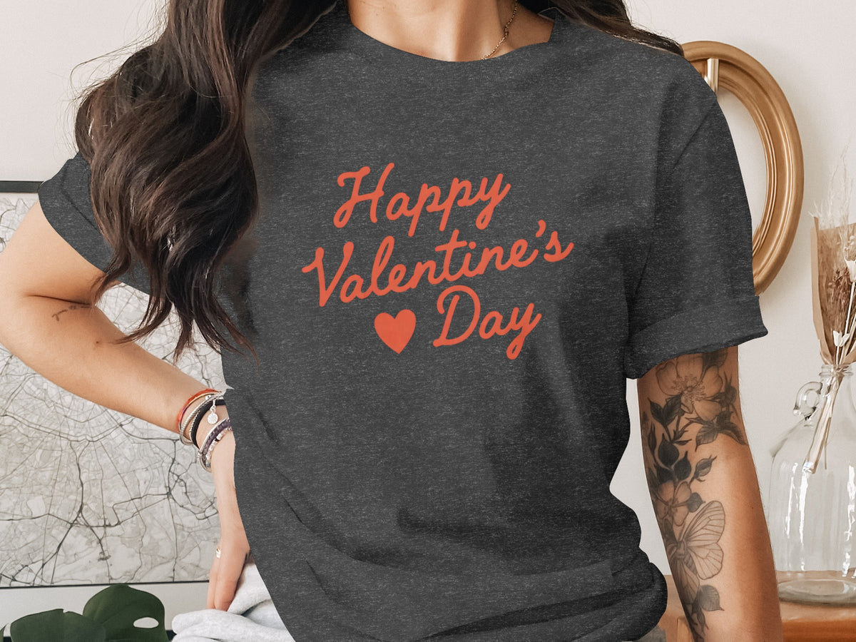 Dark gray t-shirt with red "Happy Valentine's Day" text and a heart.