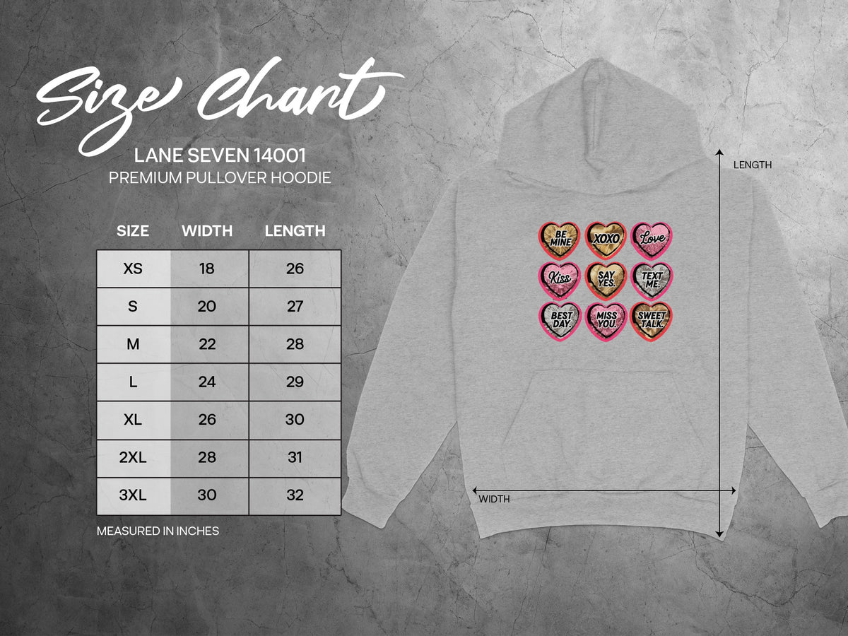 Lane Seven 14001 hoodie size chart with width and length measurements in inches.