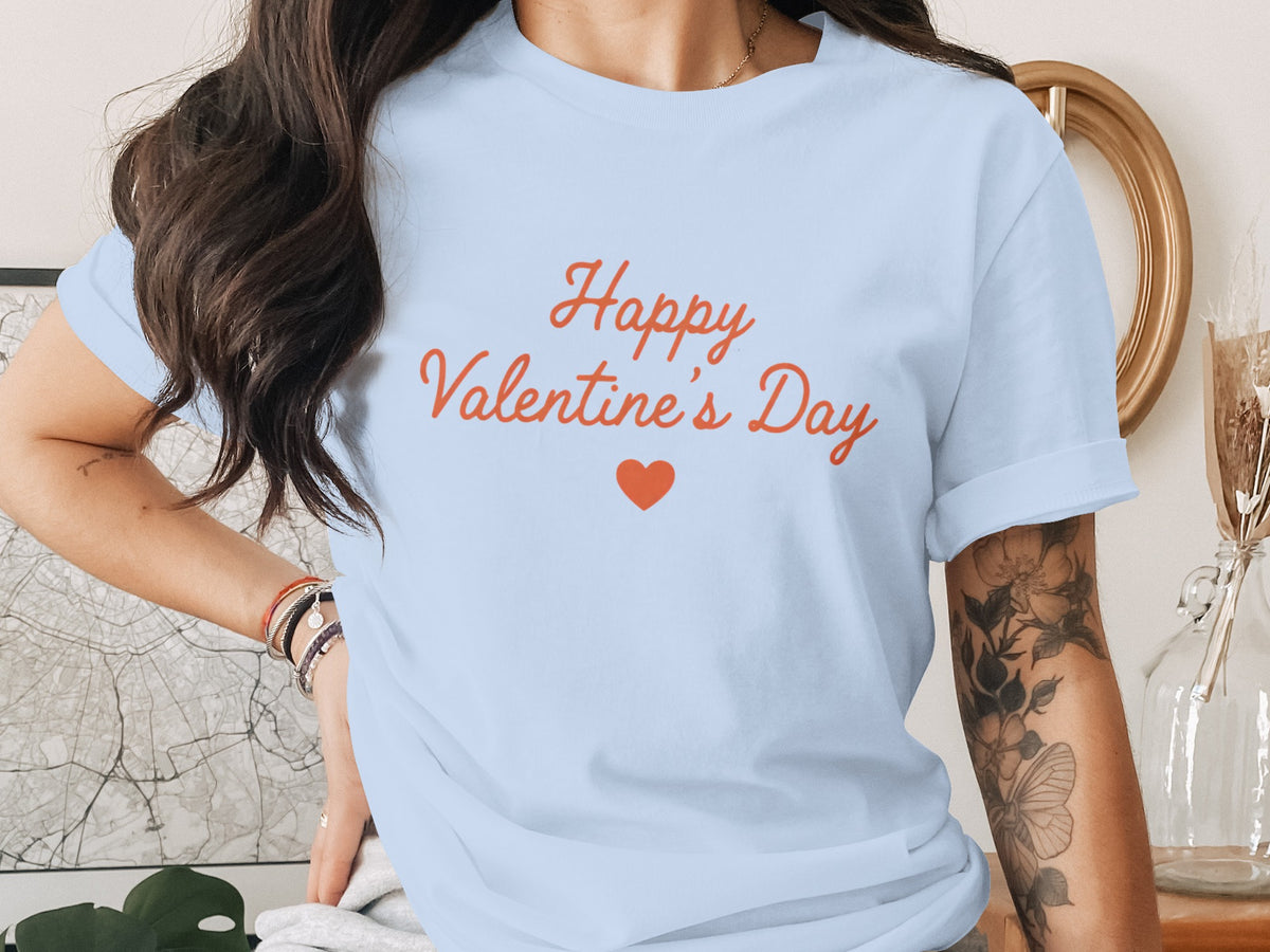 Light blue t-shirt with "Happy Valentine's Day" and a red heart.