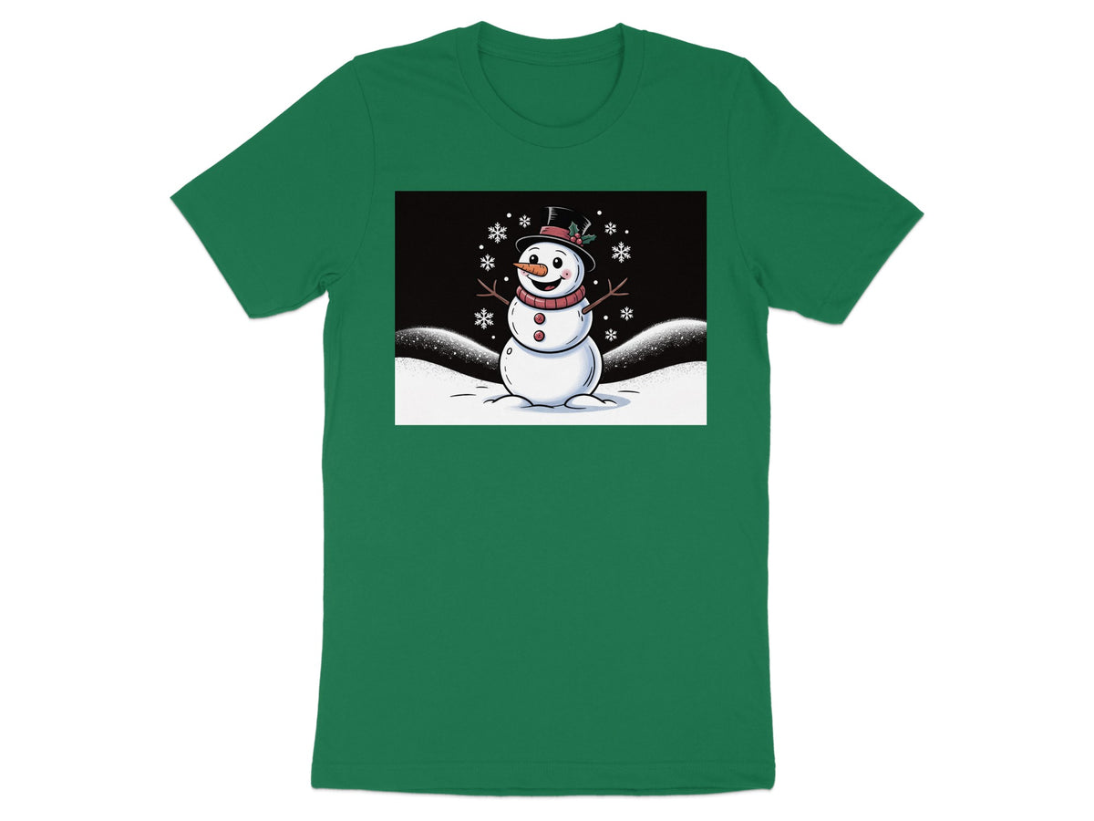 Cartoon snowman with top hat and scarf in a snowy scene.