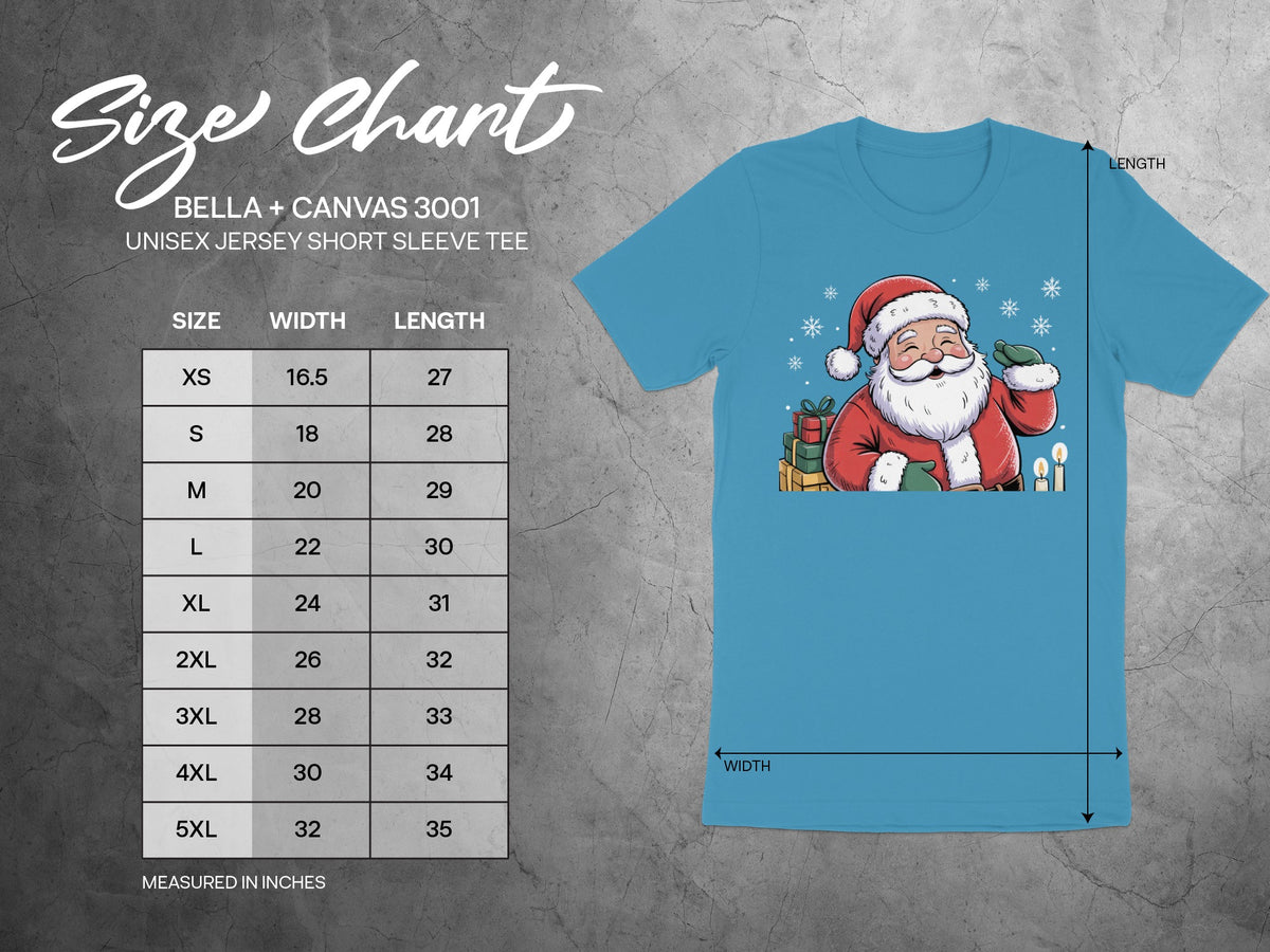 Bella+Canvas 3001 unisex t-shirt size chart with width and length measurements.