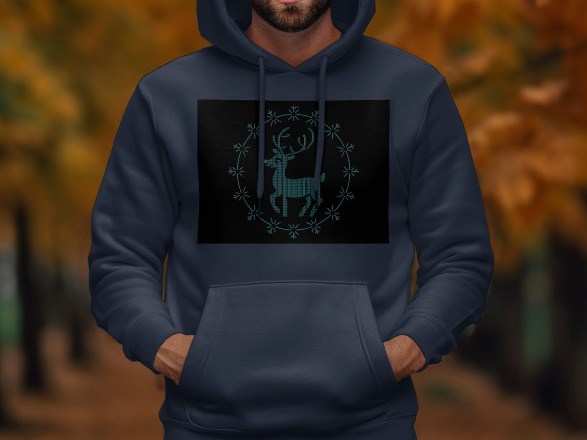 Dark blue hoodie with a blue pixelated reindeer in a snowflake circle.