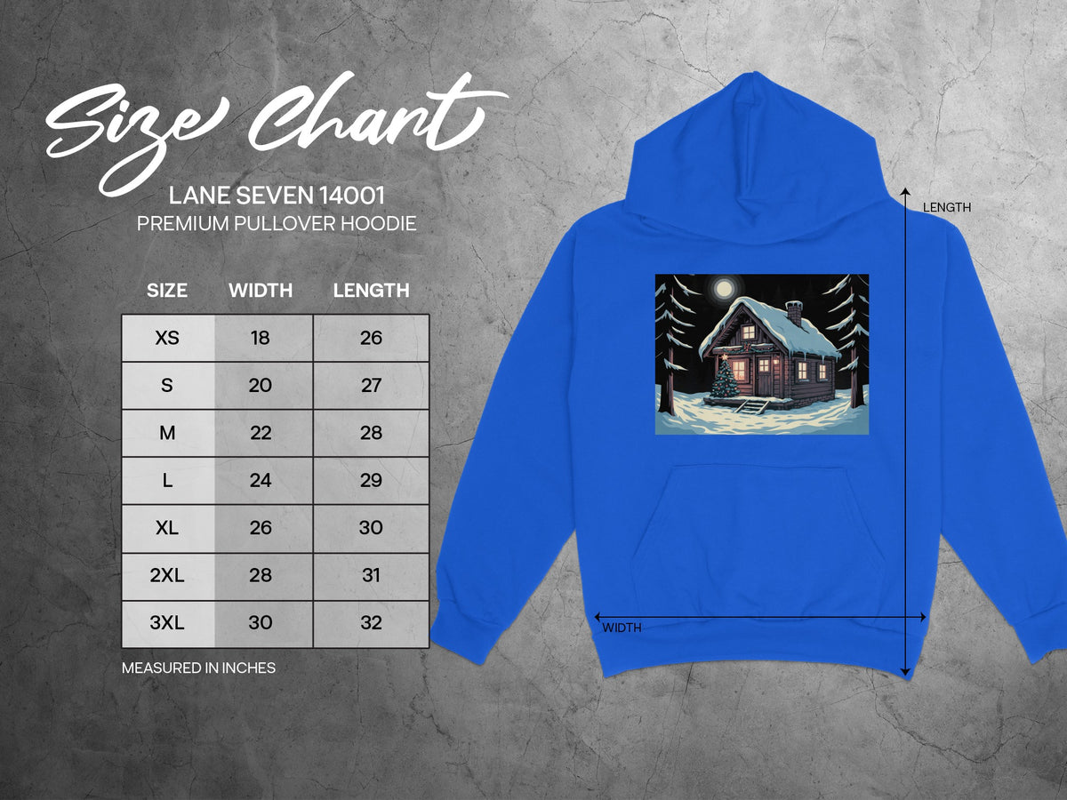 Lane Seven 14001 royal blue hoodie with a winter cabin graphic and a size chart.