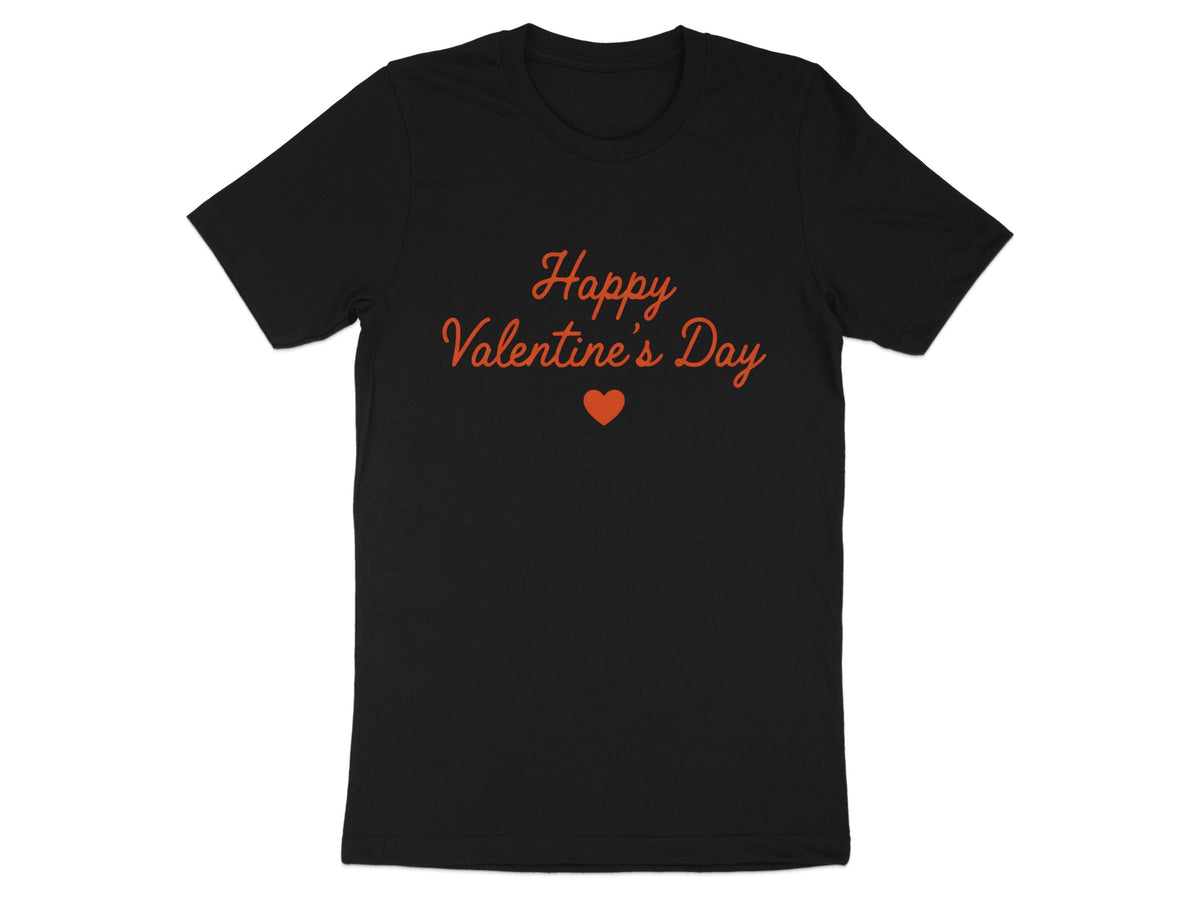 Black t-shirt with "Happy Valentine's Day" and a red heart graphic.
