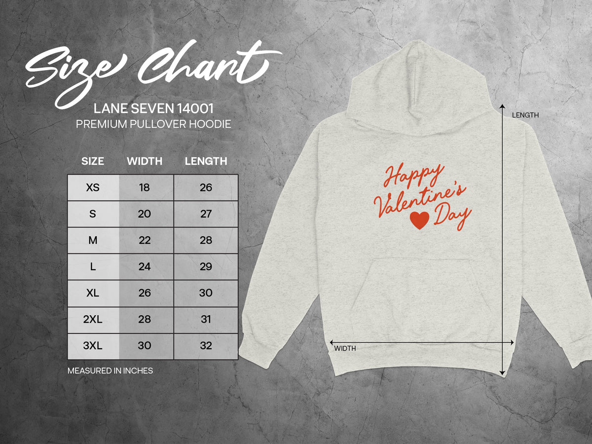 Lane Seven 14001 hoodie size chart for width and length in inches.