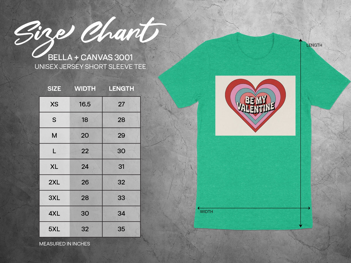 BELLA + CANVAS 3001 unisex t-shirt size chart with measurements in inches.