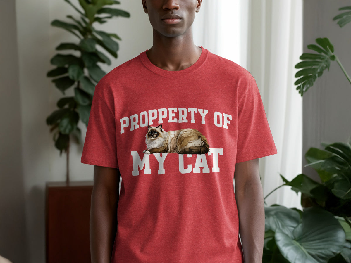 Red t-shirt with "PROPPERTY OF MY CAT" and a cat graphic.