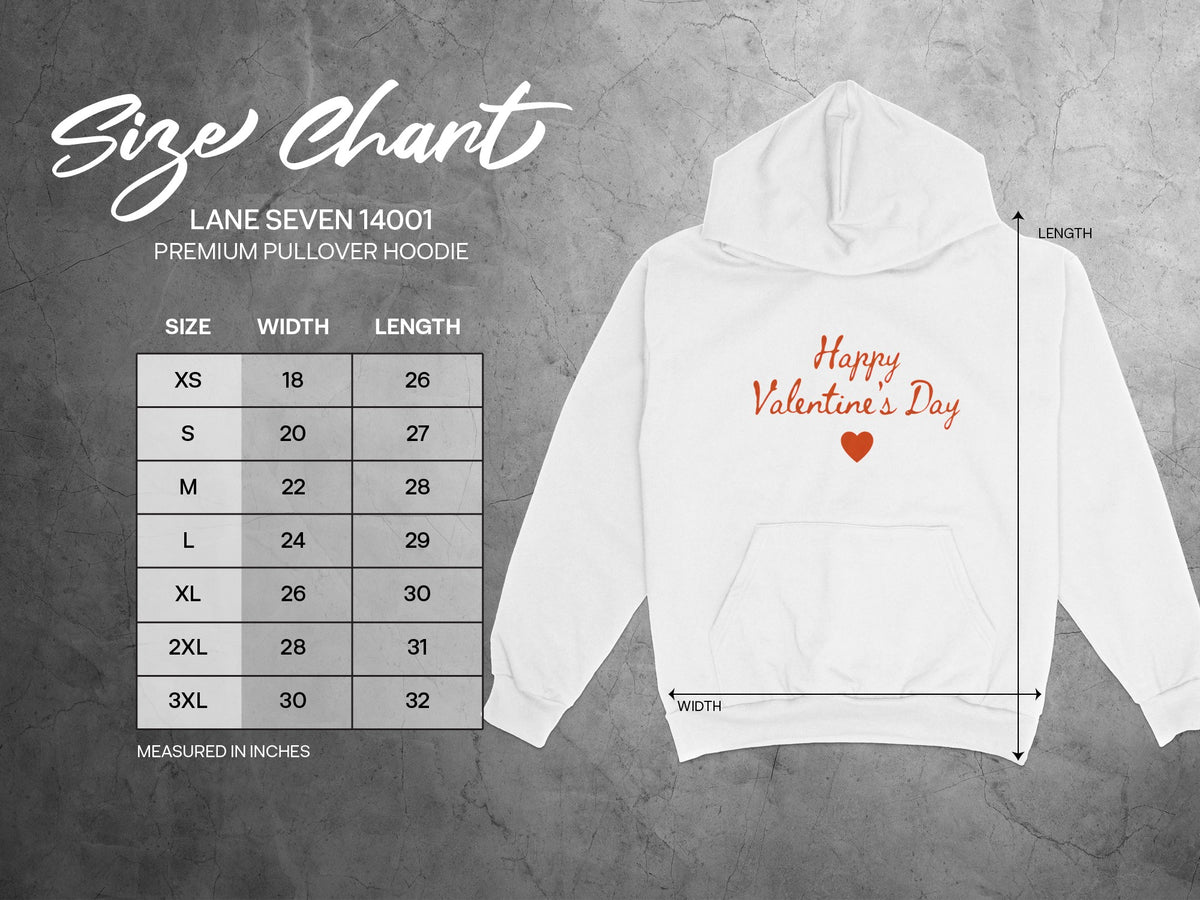 Lane Seven 14001 premium pullover hoodie size chart with measurements in inches.