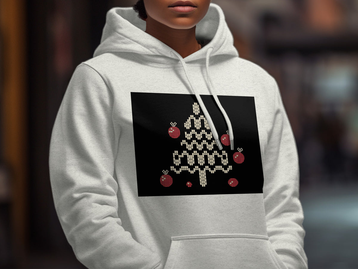 Light gray hoodie with a Christmas tree and ornaments graphic on black background.