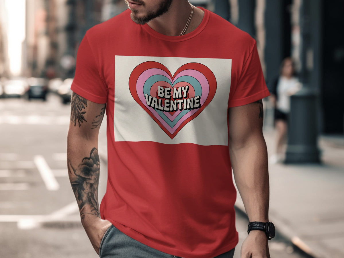 Red t-shirt with "Be My Valentine" text inside a retro-style concentric heart graphic.