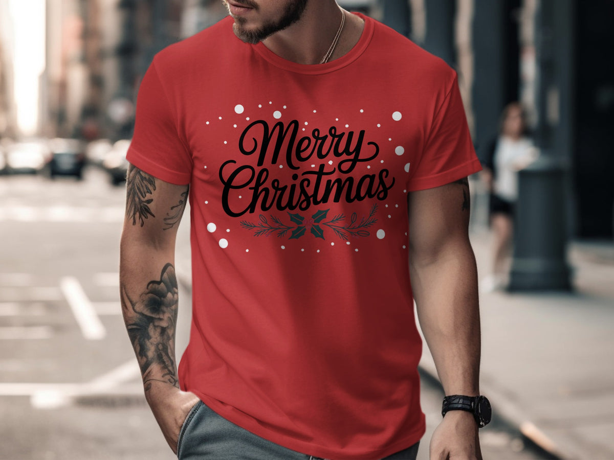 Red t-shirt with "Merry Christmas" text and holly graphic.