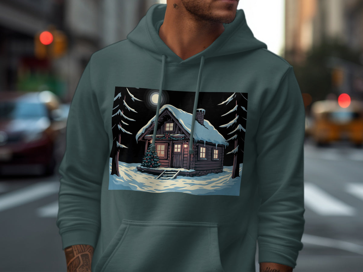 A person wearing a dark teal hoodie featuring a graphic of a snowy winter cabin.
