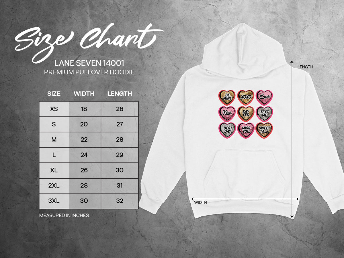 Lane Seven 14001 premium pullover hoodie size chart with width and length measurements.