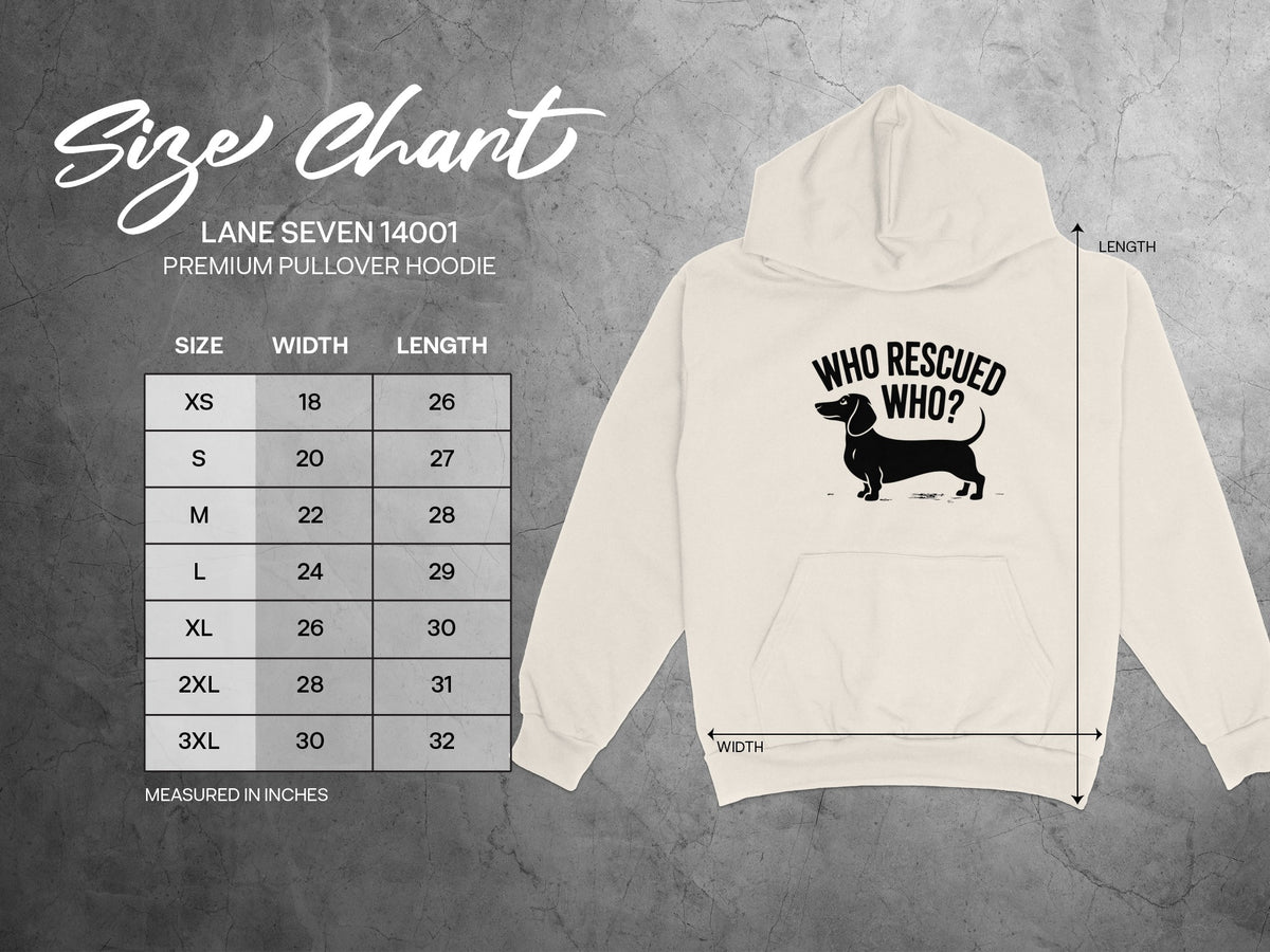 Size chart for a cream hoodie with a dachshund graphic and "Who Rescued Who?" text.
