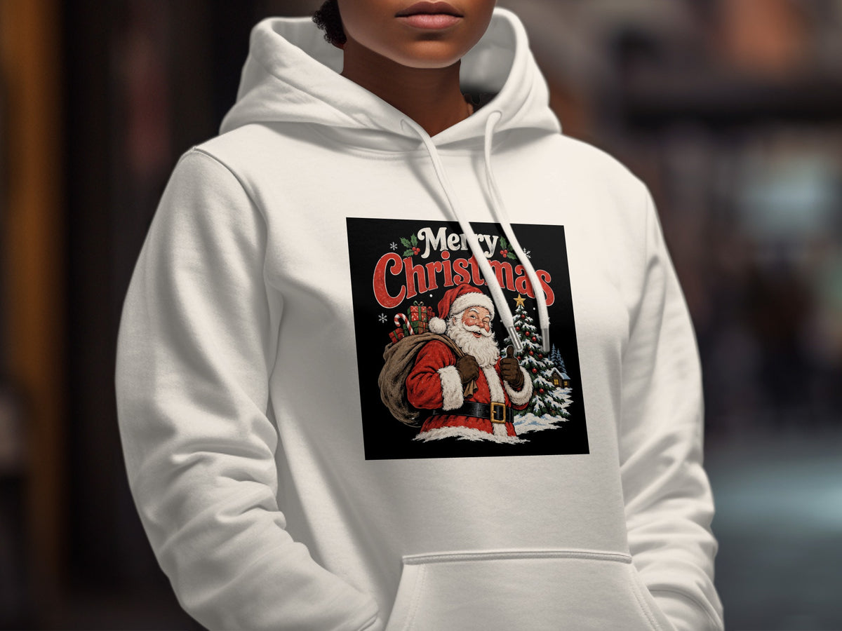 White hoodie with a "Merry Christmas" graphic featuring Santa Claus and a Christmas tree.