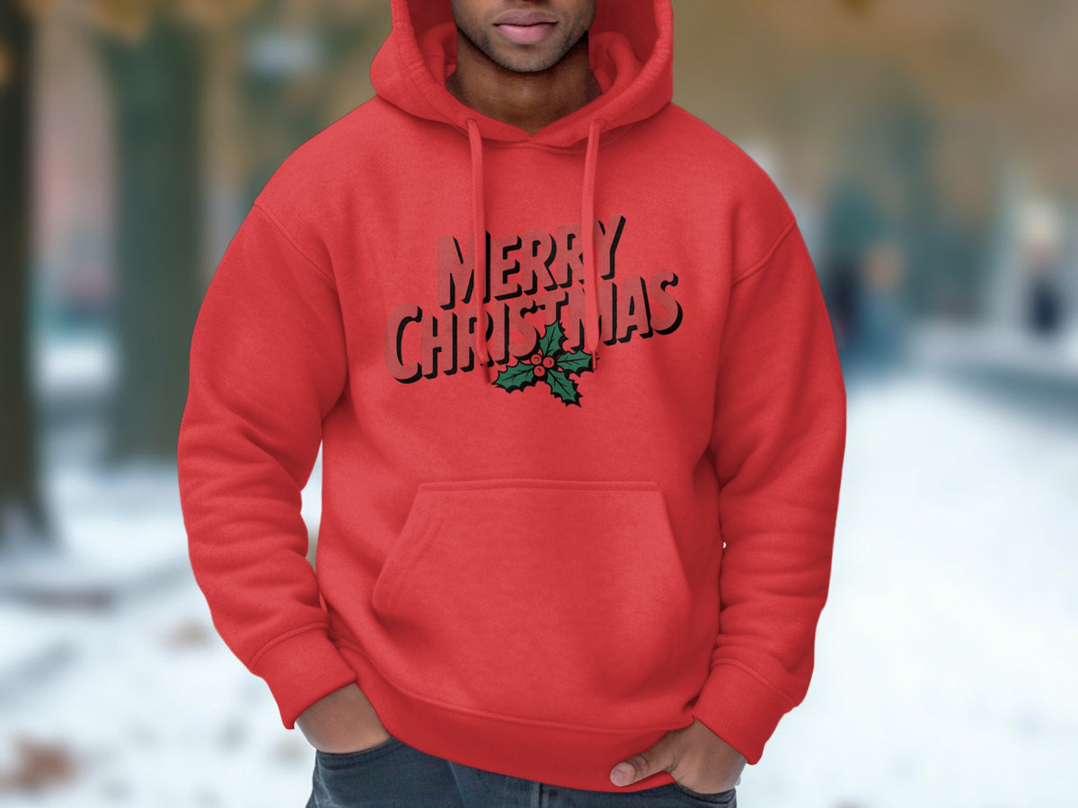 Red hoodie with "Merry Christmas" text and a holly accent.