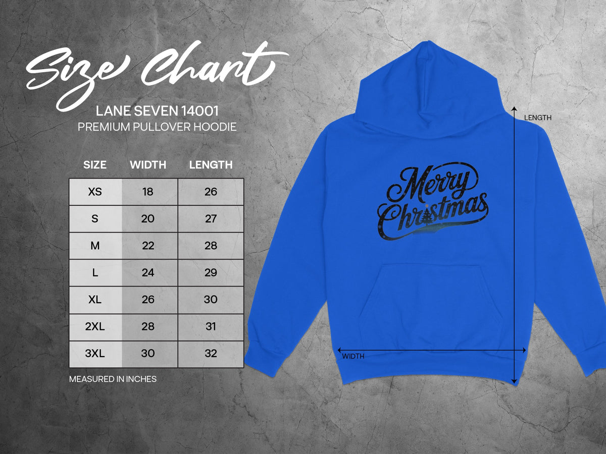 Lane Seven 14001 premium pullover hoodie size chart with "Merry Christmas" graphic.