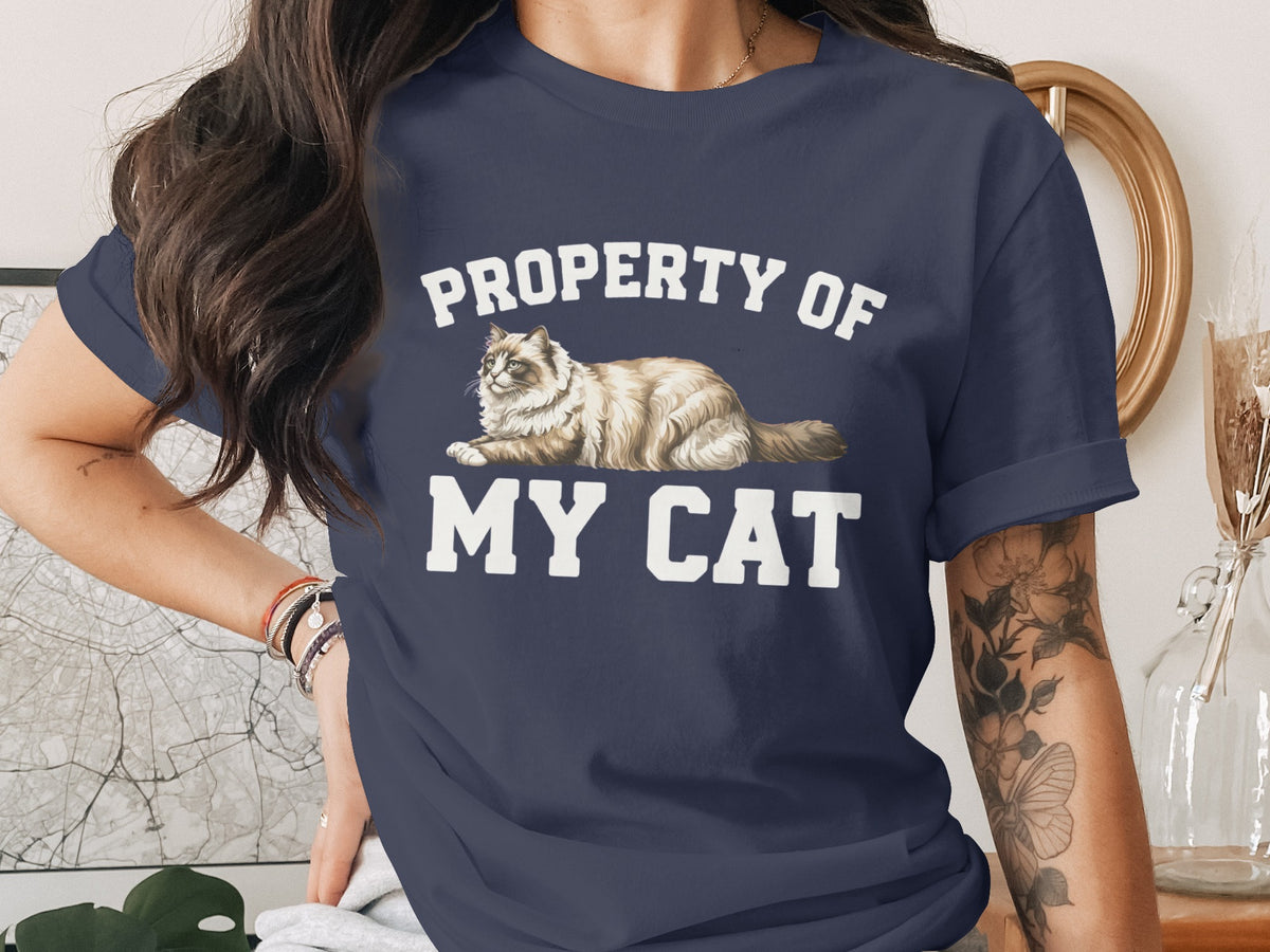 Navy t-shirt with "PROPERTY OF MY CAT" text and a drawing of a fluffy cat.