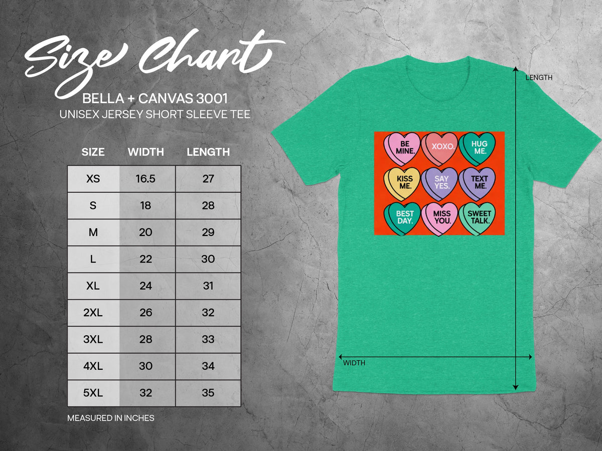 Bella + Canvas 3001 unisex jersey short sleeve t-shirt size chart with measurements from XS to 5XL.