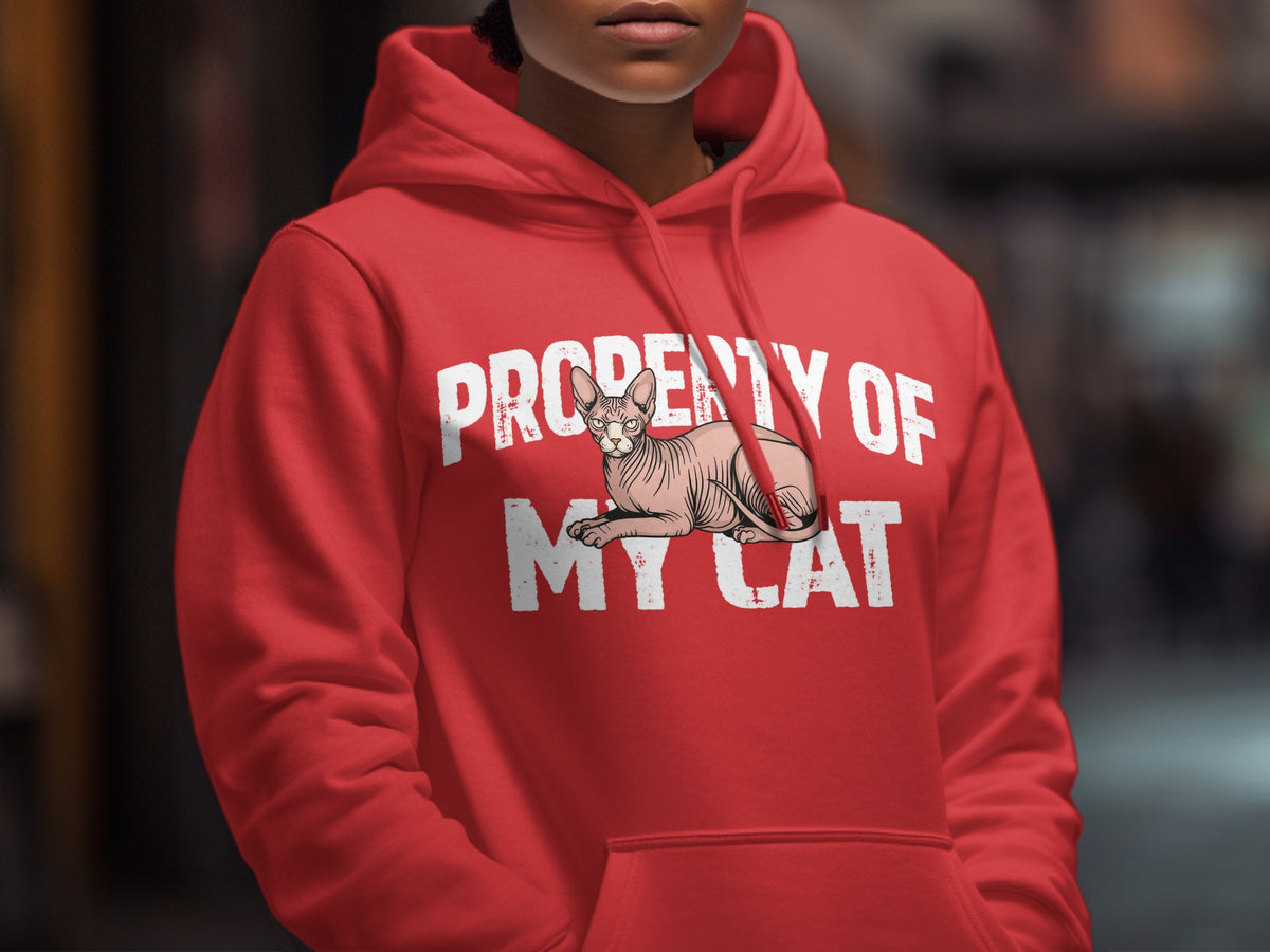 Red hoodie with "PROPERTY OF MY CAT" text and a Sphynx cat illustration.