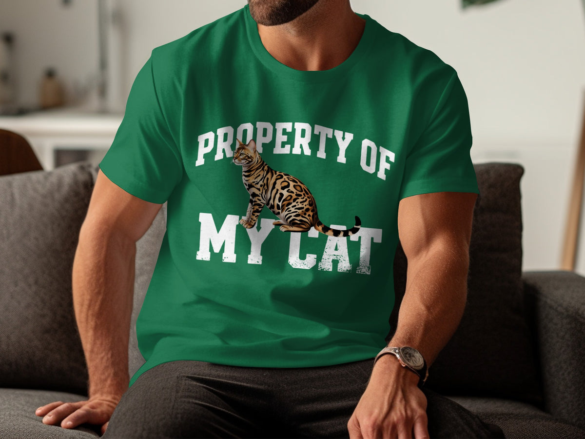 Green t-shirt with a Bengal cat and "PROPERTY OF MY CAT" text.