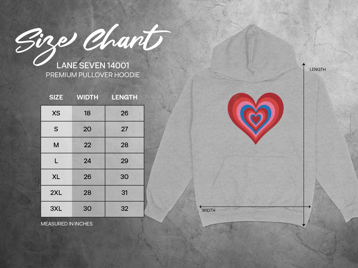 Lane Seven 14001 premium pullover hoodie size chart with measurements.