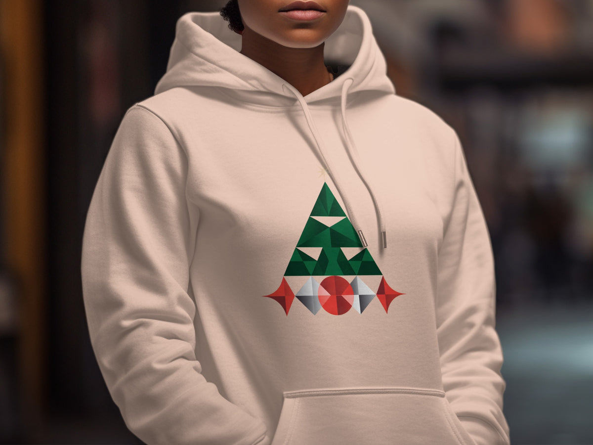 White hoodie with a geometric Christmas tree design featuring green triangles and red and silver shapes.