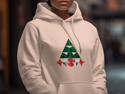 White hoodie with a geometric Christmas tree design featuring green triangles and red and silver shapes.