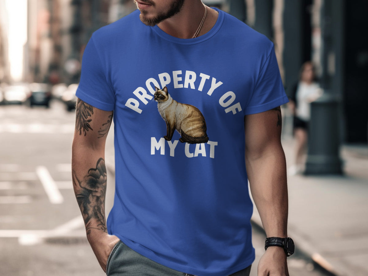 Blue t-shirt with "Property of My Cat" and a cat graphic.