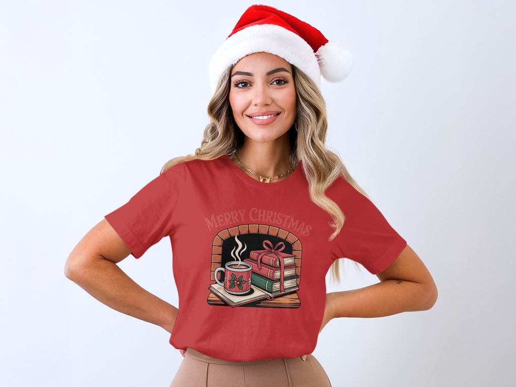 Red t-shirt with a Christmas fireplace graphic and "Merry Christmas" text.