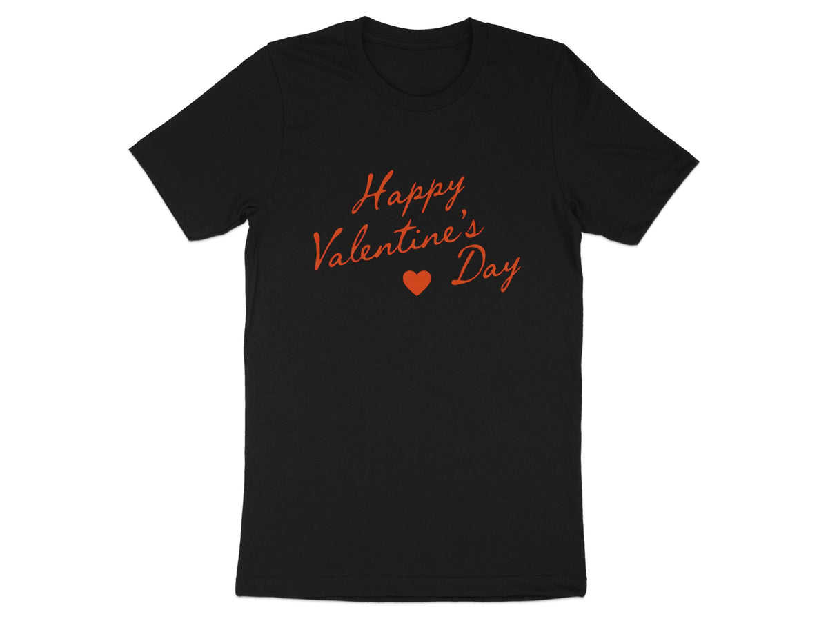 Black t-shirt with orange "Happy Valentine's Day" text and heart.