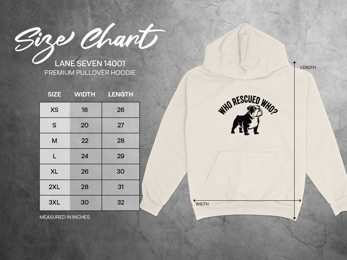 Lane Seven 14001 premium pullover hoodie size chart with bulldog graphic.