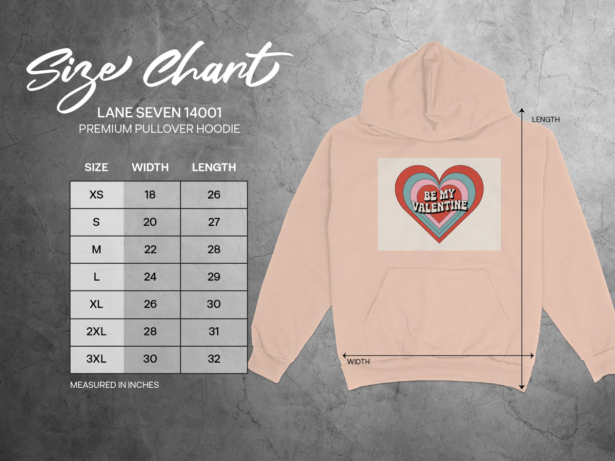 Size chart for Lane Seven 14001 premium pullover hoodie with measurements.