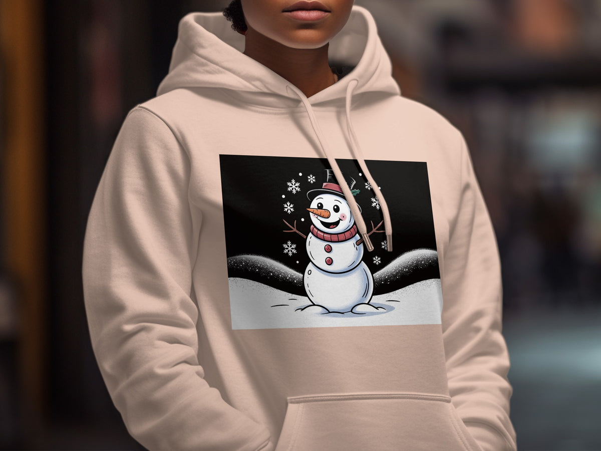 Light pink hoodie with a cartoon snowman and snowflakes graphic on the front.