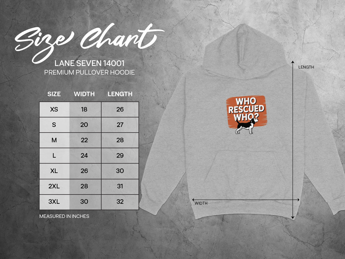 Lane Seven 14001 hoodie size chart with width and length measurements in inches.