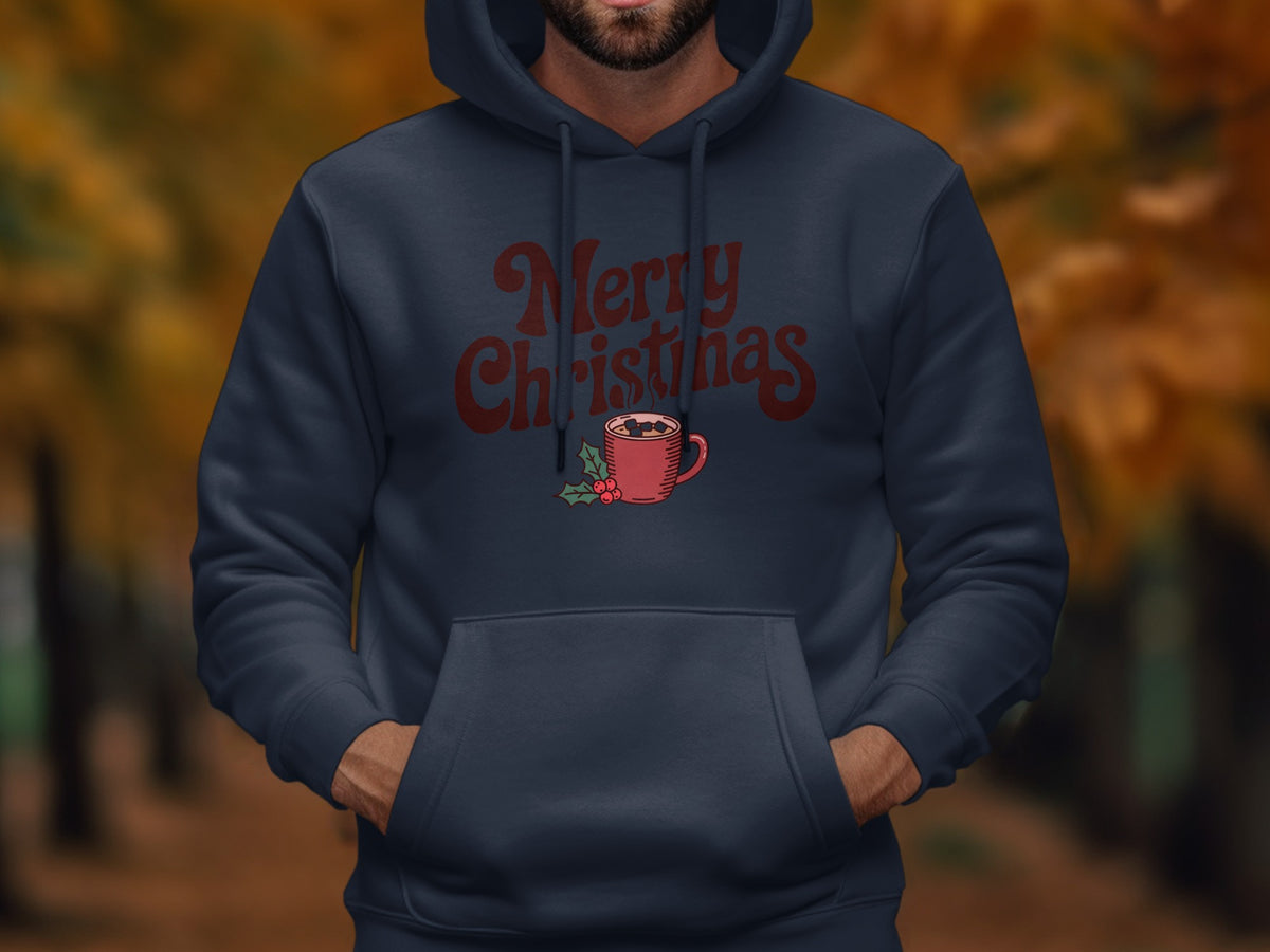 Navy hoodie with "Merry Christmas" text and hot chocolate mug graphic.