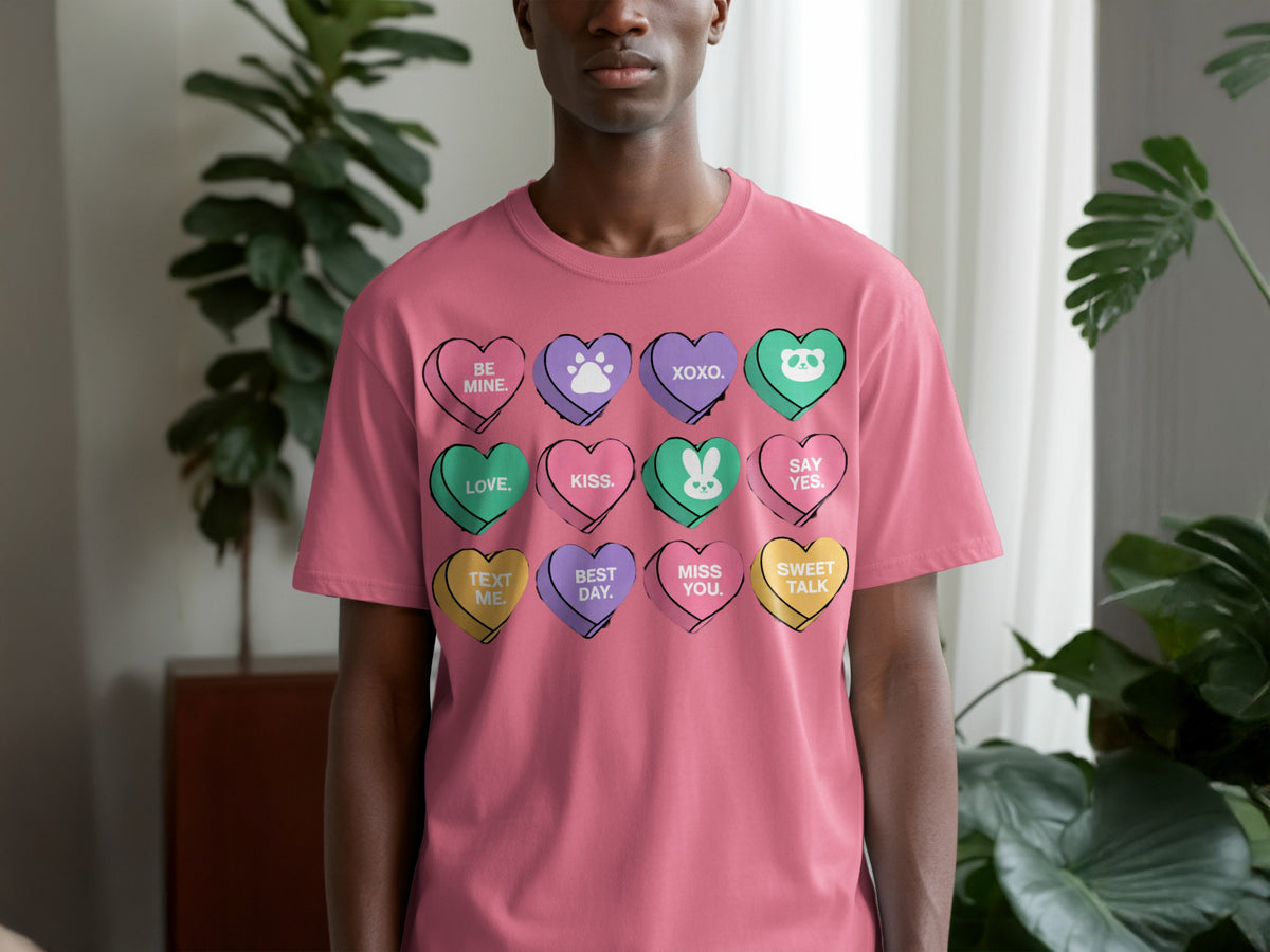 A person wearing a pink t-shirt with a grid of colorful candy hearts featuring various messages and icons.