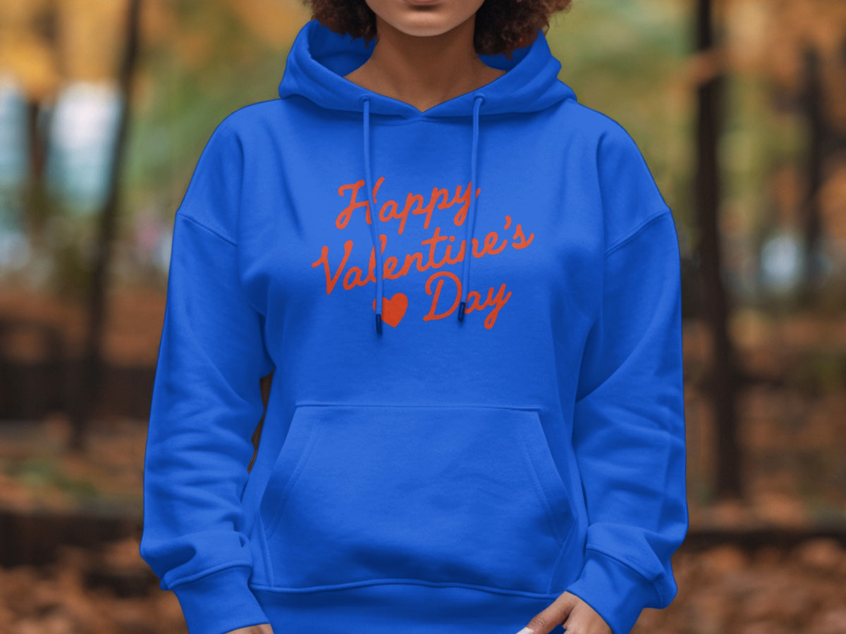Royal blue hoodie with orange text "Happy Valentine's Day".