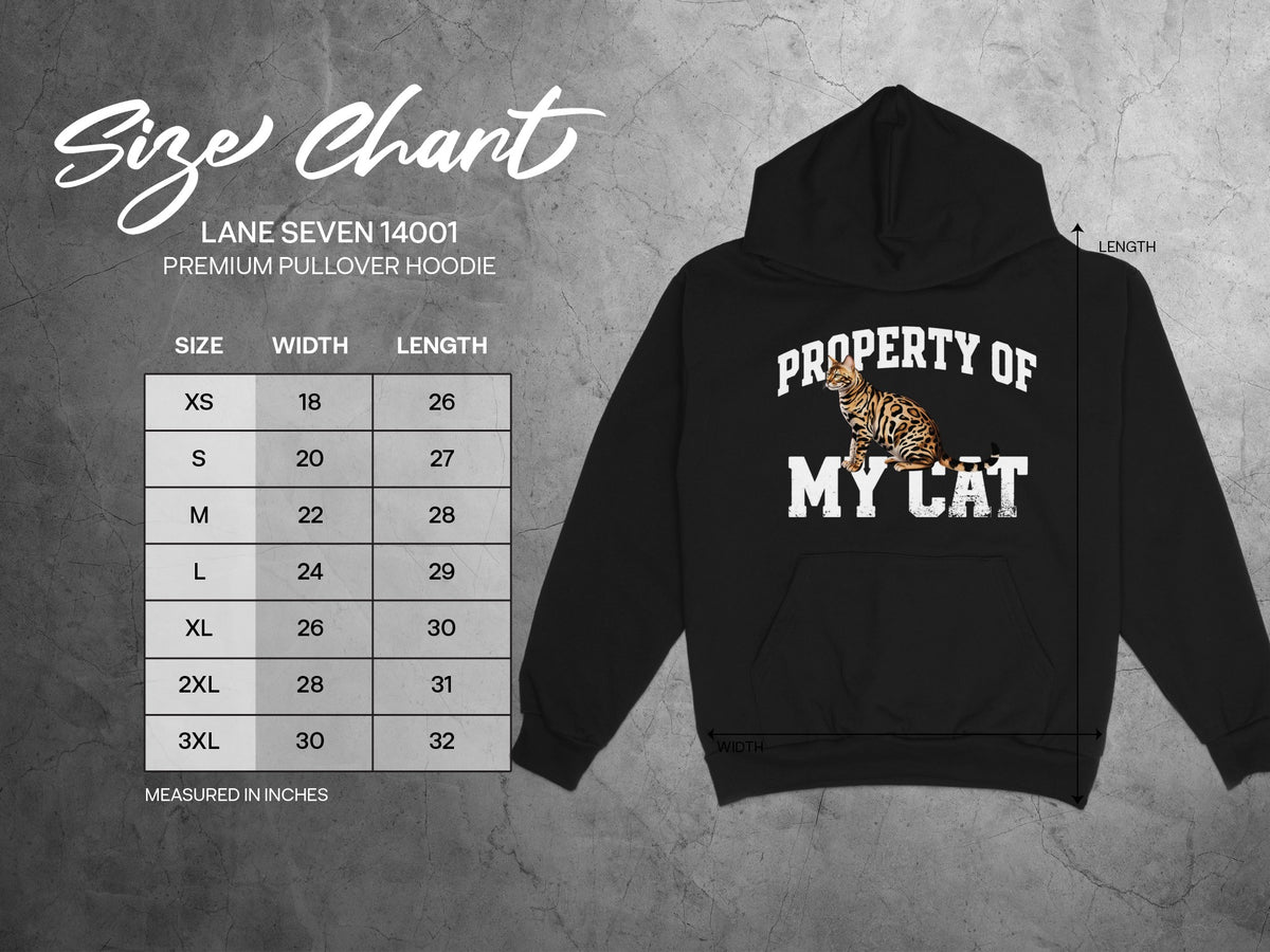 Lane Seven 14001 hoodie size chart with width and length measurements in inches.