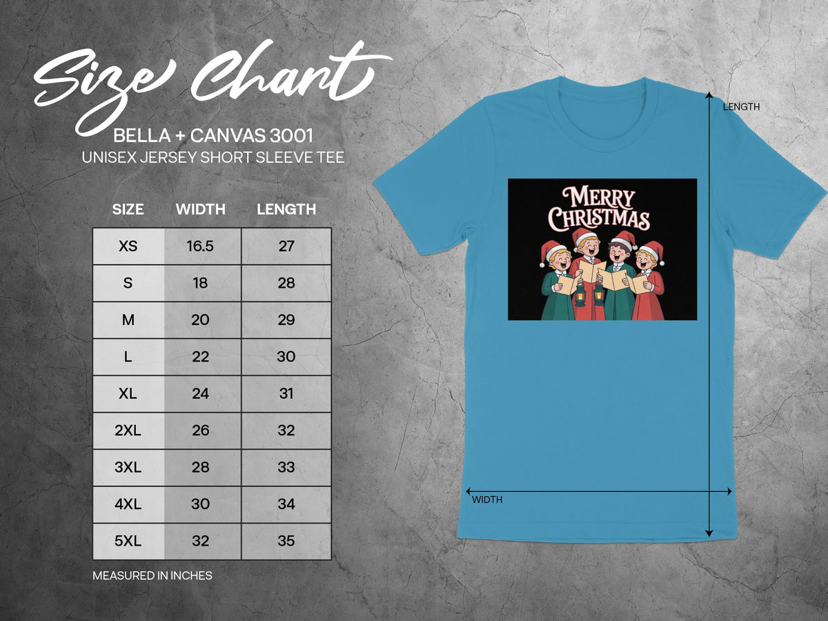 Bella + Canvas 3001 size chart for unisex jersey short sleeve tee.