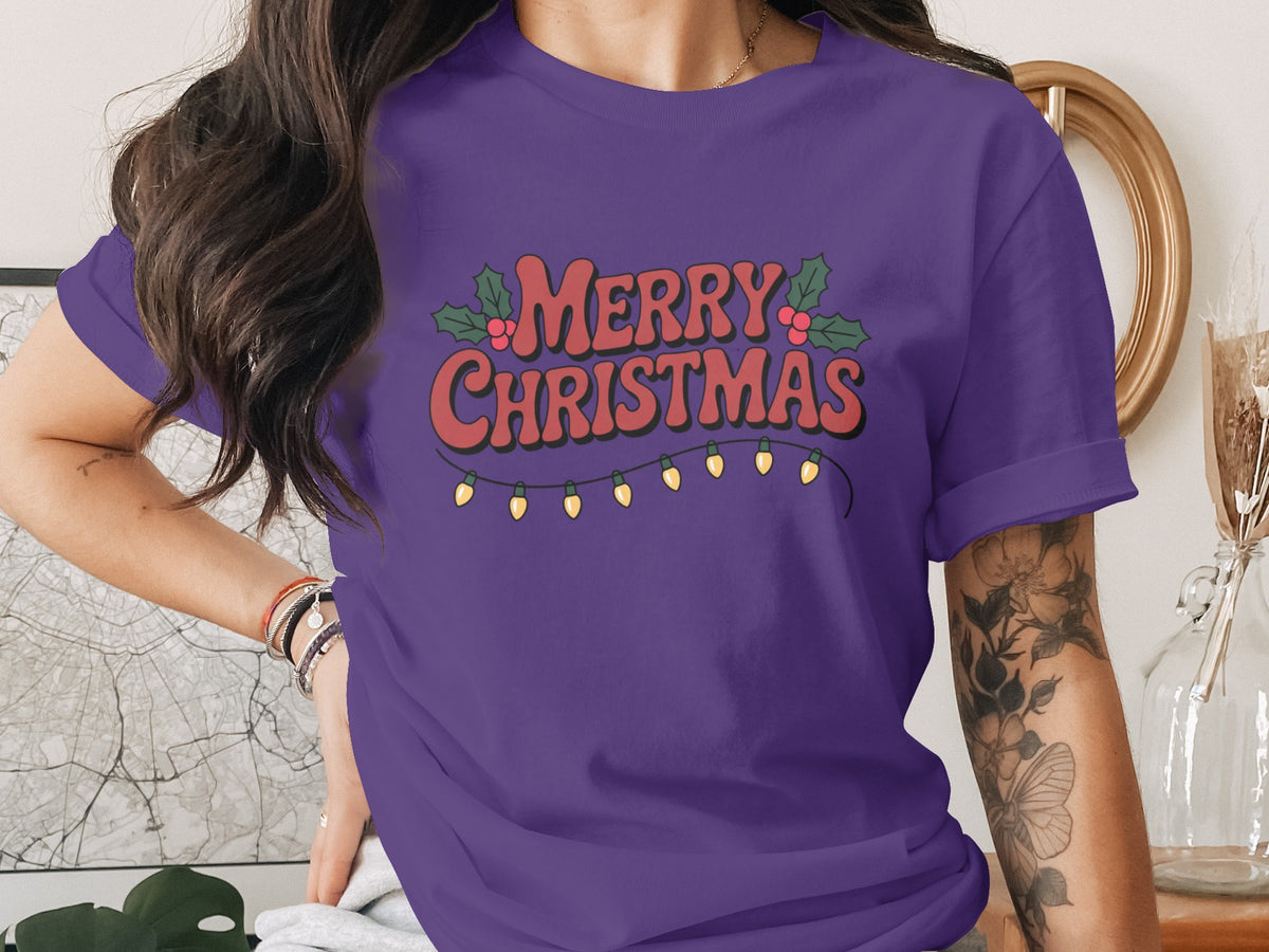 Purple t-shirt with "Merry Christmas" text and string lights graphic.