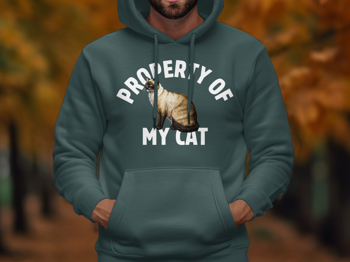 Teal hoodie with "Property of My Cat" text and Siamese cat graphic.
